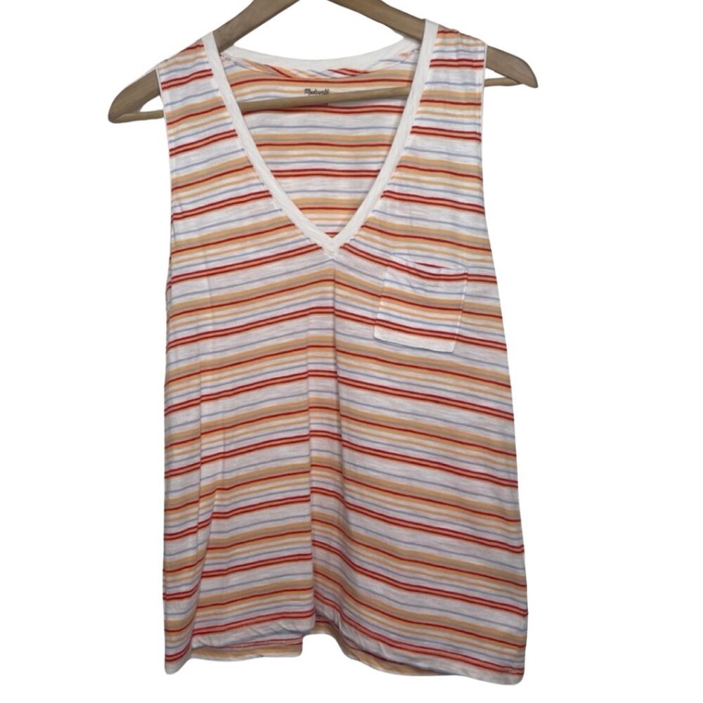 MADEWELL | Orange Striped Whisper Cotton V-Neck Pocket Tank | Size S - Picture 2 of 13